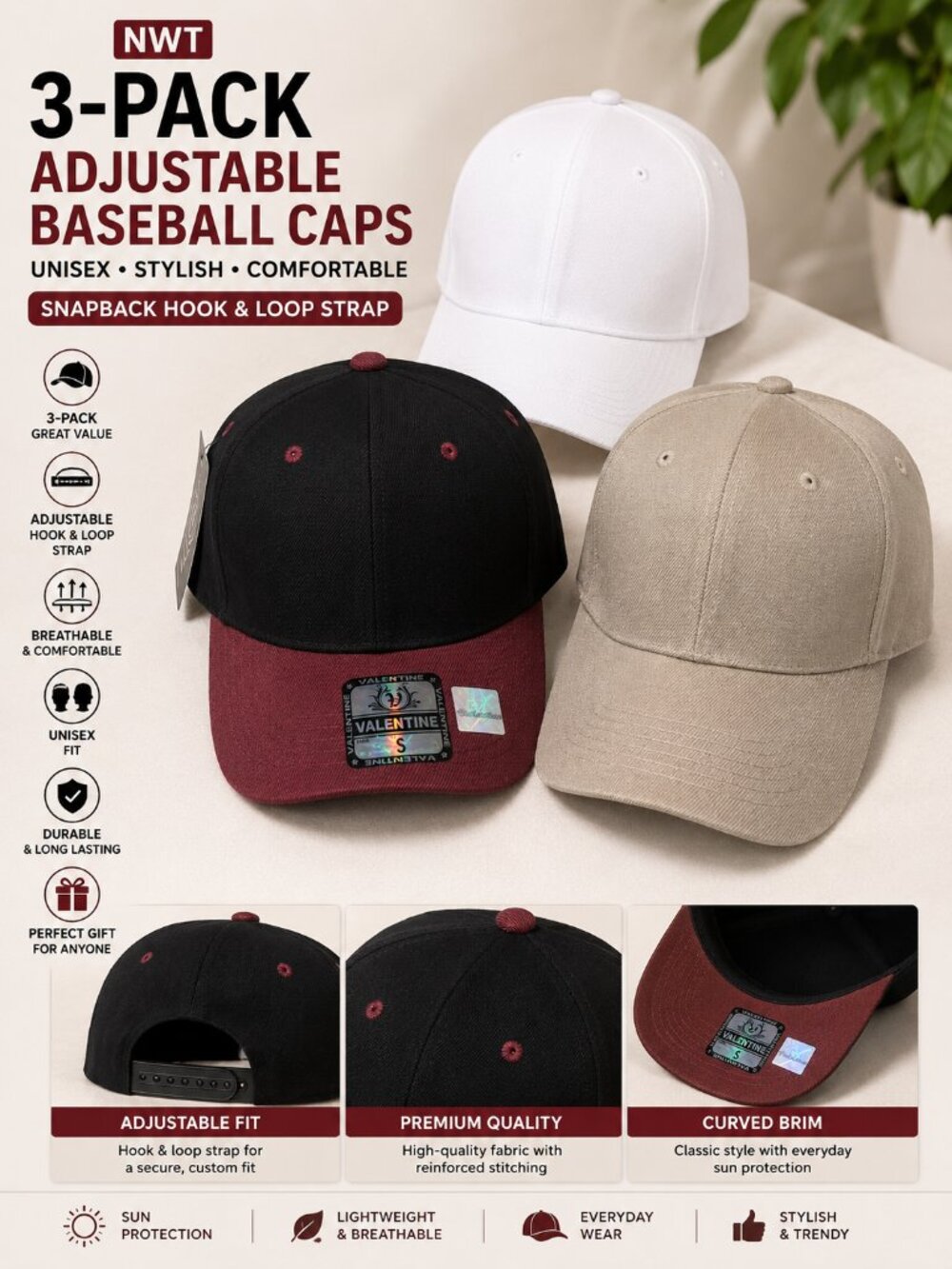 NWT 3-Pack Adjustable Baseball Caps Snapback Hook & Loop Strap Hat Bundle Unisex